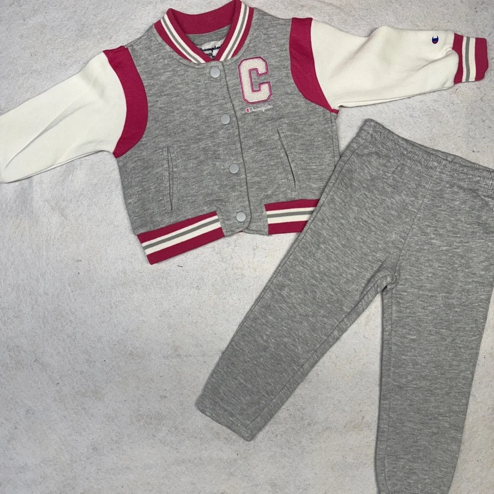 NWOT Champion Girls Toddler Pink & Gray Varsity Jacket And Pants‎ Set 24Mos
